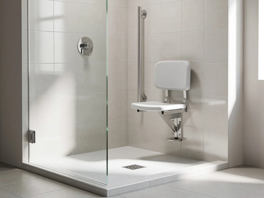 Douche adaptée avec siège rabattable et barre de maintien verticale