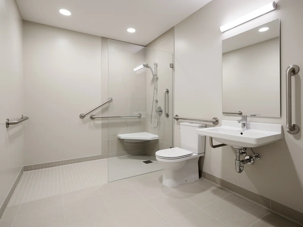 Salle de bain PMR avec large accès sans ressaut et sol sécurisé